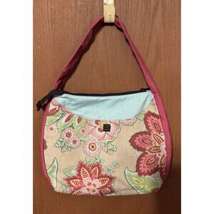 Lisa Lill Satchel Purse Colorful Fabric Lots of Pockets Aqua Pink Floral TbH1